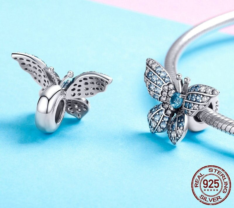 925 Sterling Silver Blue Zircon Butterfly Stopper - TEA LU SHOP
