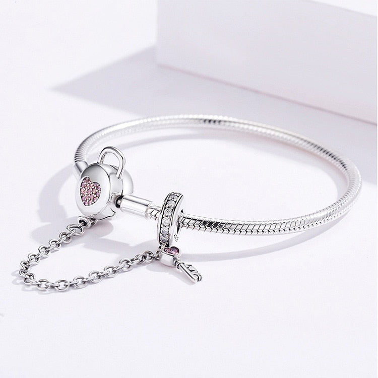 925 Sterling Silver Zircon Pink Heart Lock Bracelet - TEA LU SHOP