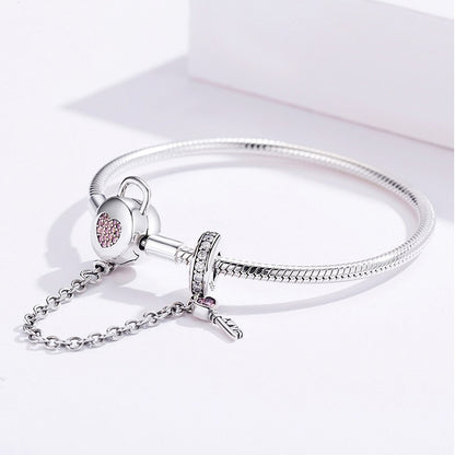 925 Sterling Silver Zircon Pink Heart Lock Bracelet - TEA LU SHOP