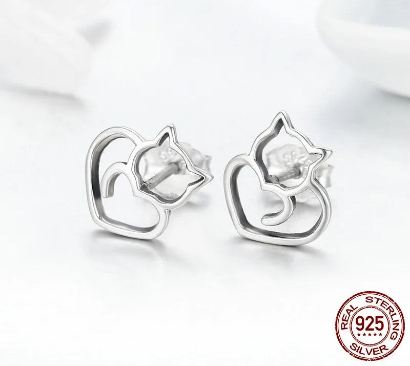 925 Sterling Silver Cute Cat Stud Earrings - TEA LU SHOP