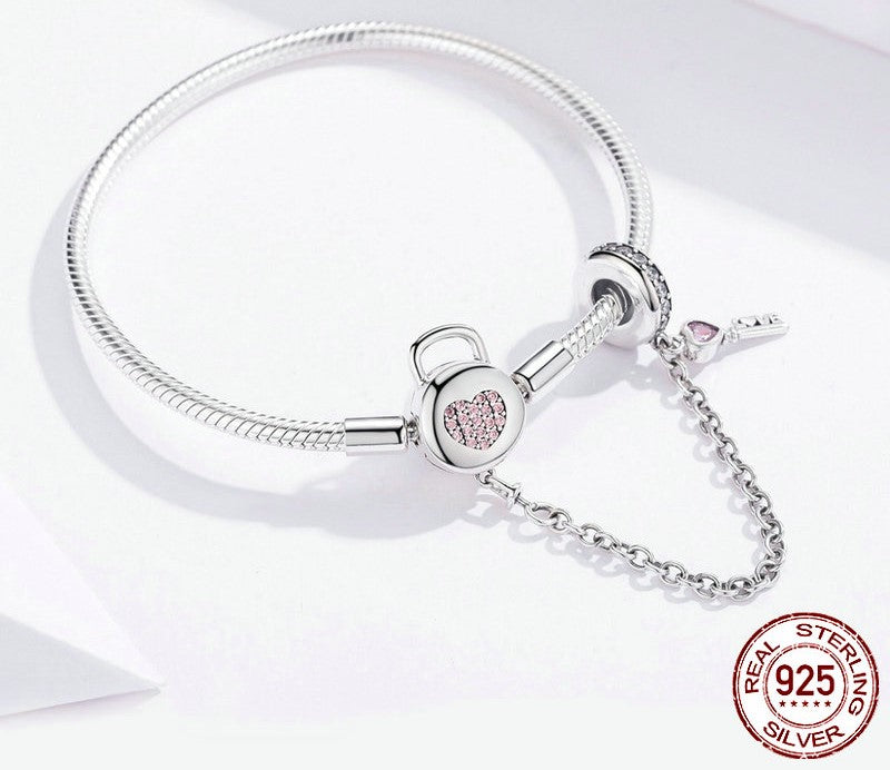 925 Sterling Silver Zircon Pink Heart Lock Bracelet - TEA LU SHOP