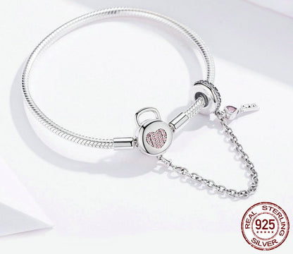 925 Sterling Silver Zircon Pink Heart Lock Bracelet - TEA LU SHOP