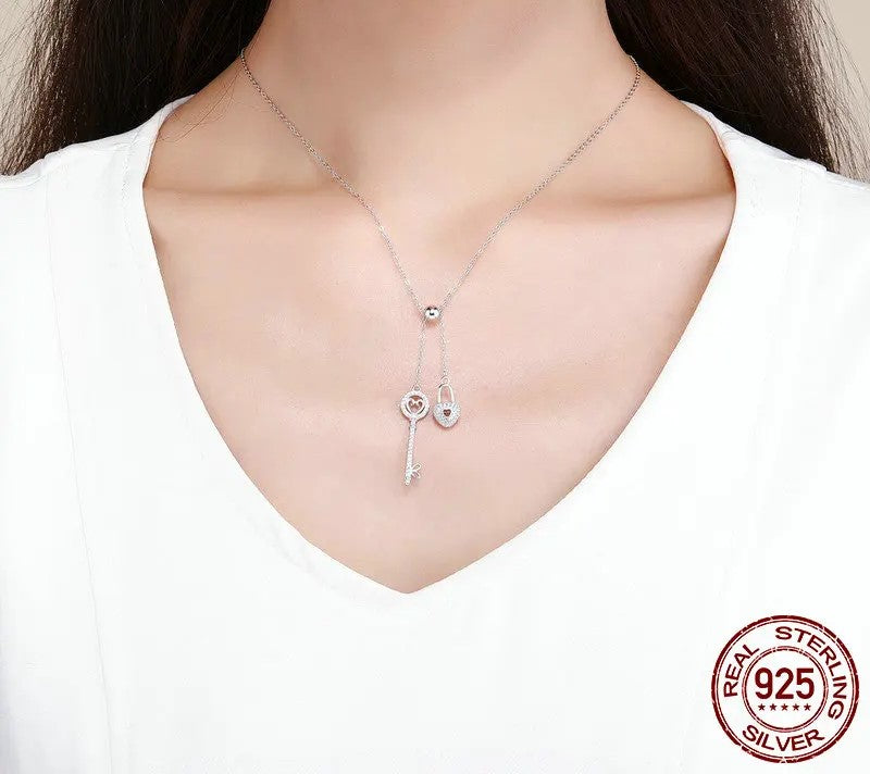 925 Sterling Silver Key and Heart Lock Necklace - TEA LU SHOP