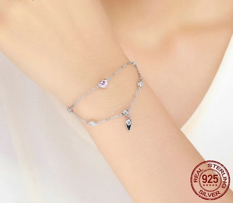 925 Sterling Silver Sweet Heart Pink Bracelet - TEA LU SHOP