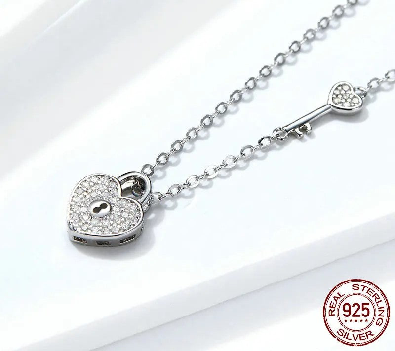 925 Sterling Silver Love Heart Lock & Necklace - TEA LU SHOP