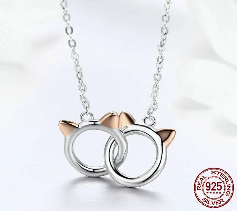 925 Sterling Silver Double Circles Cat Pendant Necklace - TEA LU SHOP