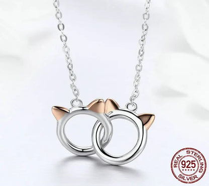 925 Sterling Silver Double Circles Cat Pendant Necklace - TEA LU SHOP