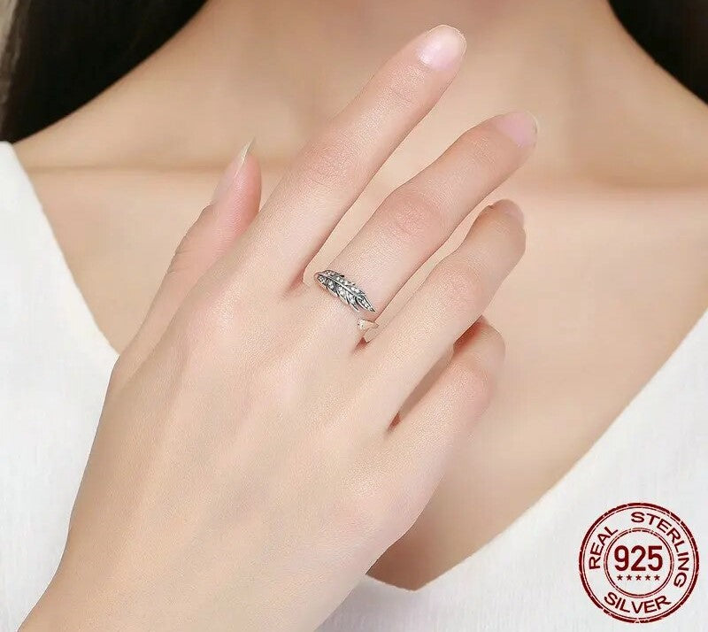 925 Sterling Silver Feather Wings Adjustable Ring - TEA LU SHOP