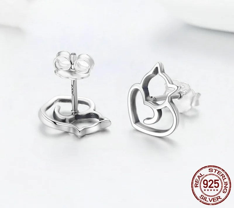 925 Sterling Silver Cute Cat Stud Earrings - TEA LU SHOP