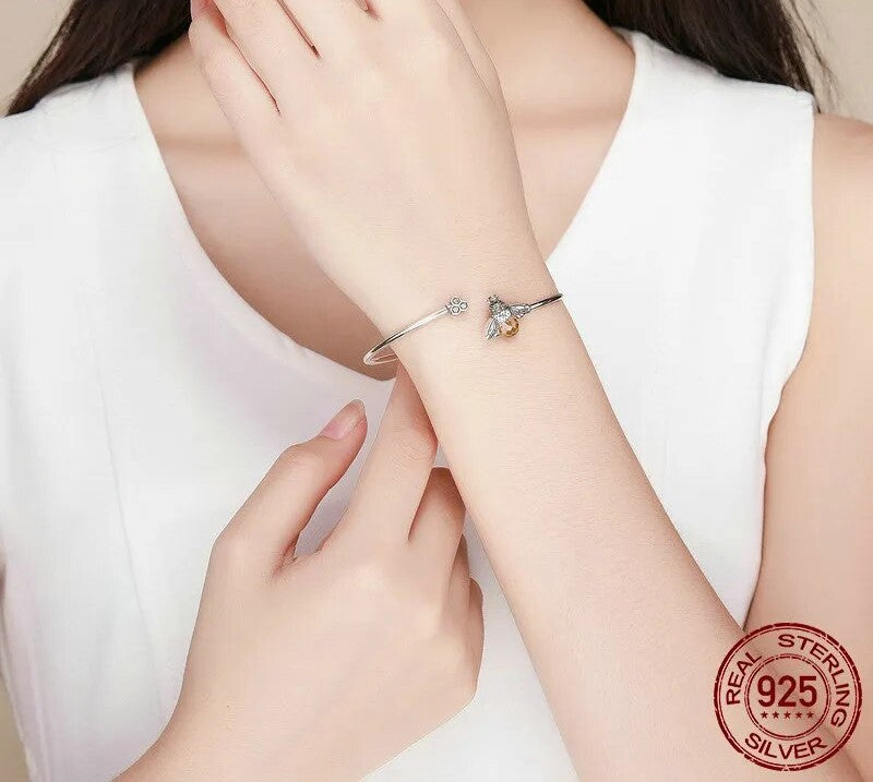 925 Sterling Silver Crystal Yellow Bee Bracelet - TEA LU SHOP