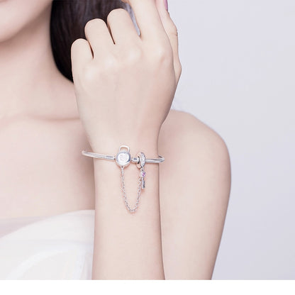 925 Sterling Silver Zircon Pink Heart Lock Bracelet - TEA LU SHOP