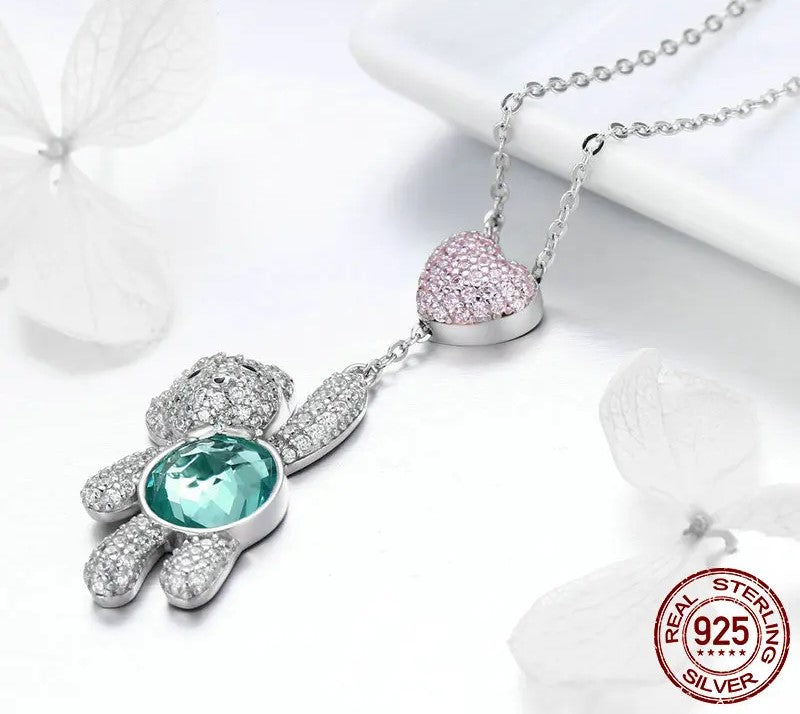 925 Sterling Silver Pink CZ Heart And Cute Bear Necklace - TEA LU SHOP