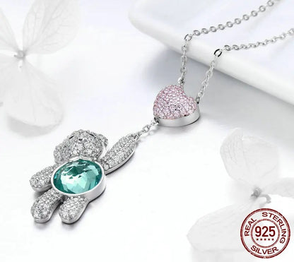 925 Sterling Silver Pink CZ Heart And Cute Bear Necklace - TEA LU SHOP