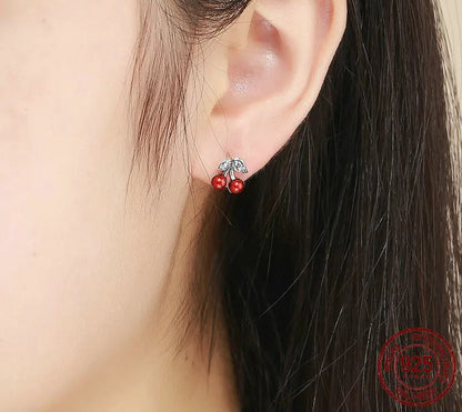 925 Sterling Silver Cherry Red Enamel Stud Earrings - TEA LU SHOP