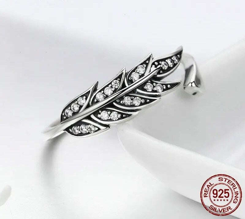 925 Sterling Silver Feather Wings Adjustable Ring - TEA LU SHOP