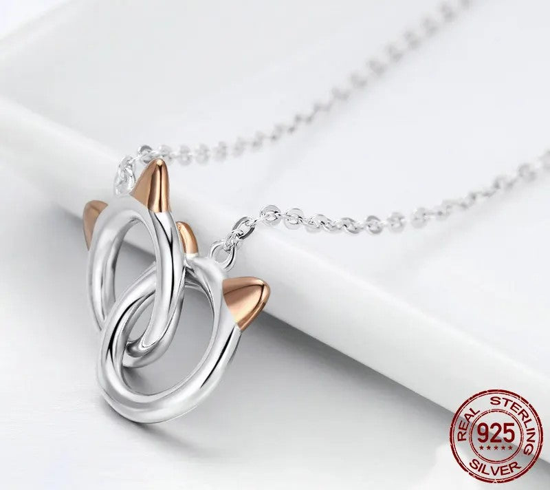 925 Sterling Silver Double Circles Cat Pendant Necklace - TEA LU SHOP