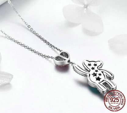 925 Sterling Silver Pink CZ Heart And Cute Bear Necklace - TEA LU SHOP