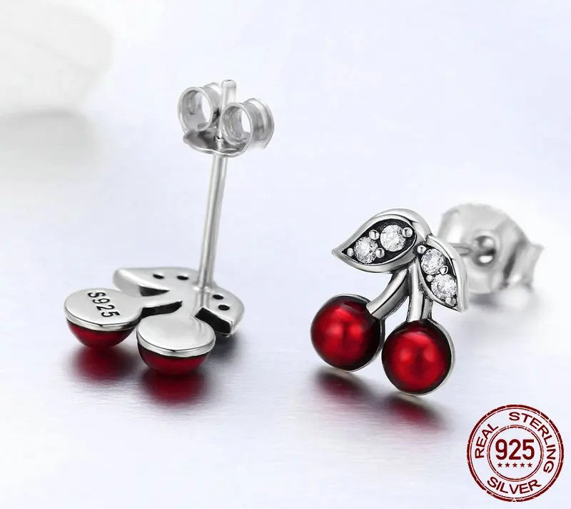 925 Sterling Silver Cherry Red Enamel Stud Earrings - TEA LU SHOP