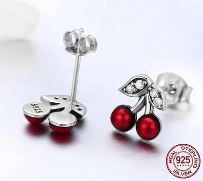 925 Sterling Silver Cherry Red Enamel Stud Earrings - TEA LU SHOP