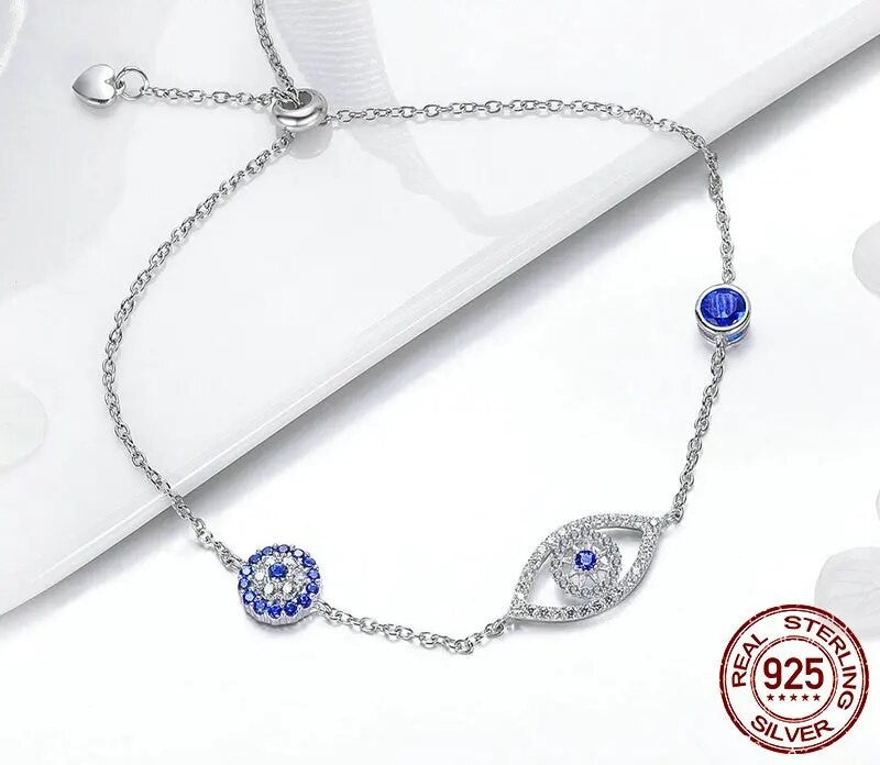 925 Sterling Silver Blue Zircon Evil Eyes Bracelet - TEA LU SHOP