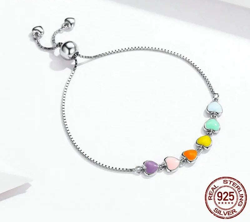 925 Sterling Silver Rainbow Color Heart Bracelet - TEA LU SHOP