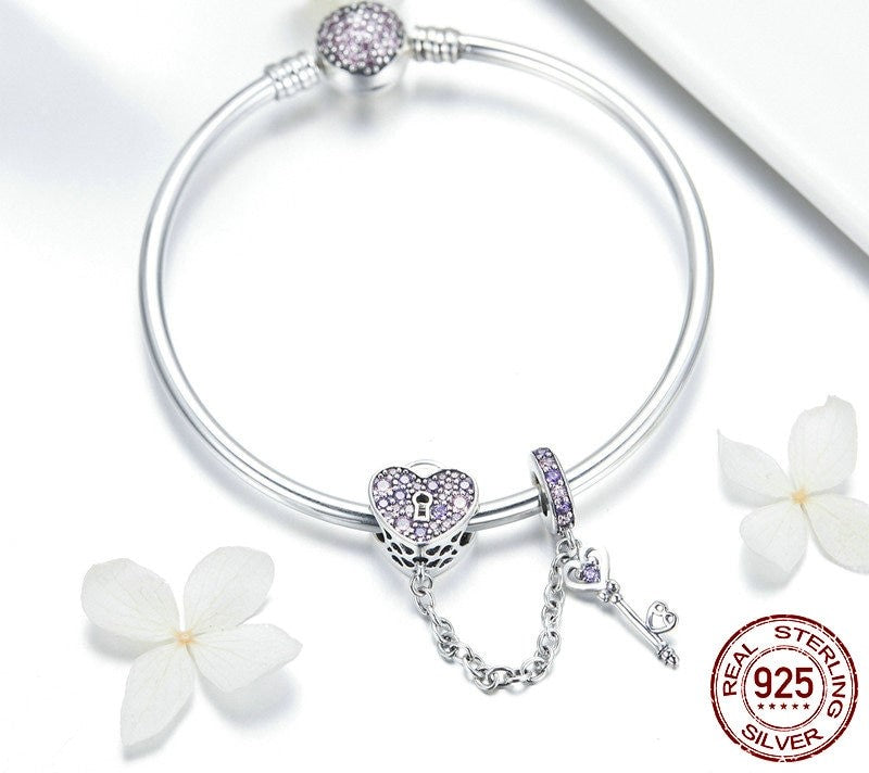 925 Sterling Silver Pink Heart Lock and Key Bracelet - TEA LU SHOP