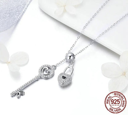 925 Sterling Silver Key and Heart Lock Necklace - TEA LU SHOP