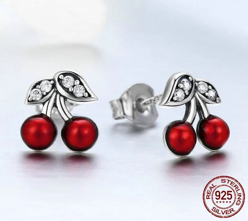 925 Sterling Silver Cherry Red Enamel Stud Earrings - TEA LU SHOP