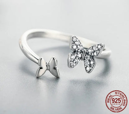 925 Sterling Silver Dazzling CZ Butterfly Open Ring - TEA LU SHOP
