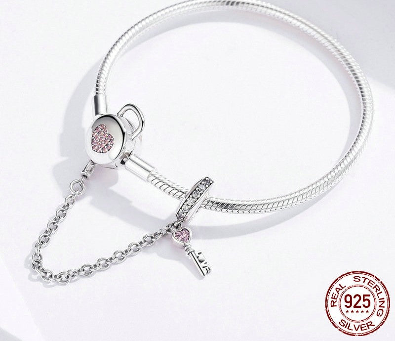 925 Sterling Silver Zircon Pink Heart Lock Bracelet - TEA LU SHOP