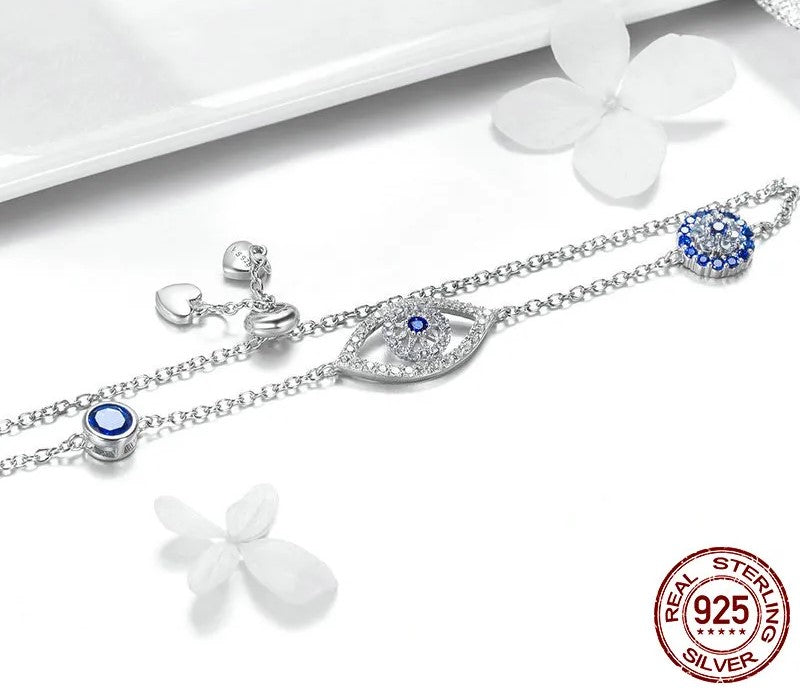 925 Sterling Silver Blue Zircon Evil Eyes Bracelet - TEA LU SHOP
