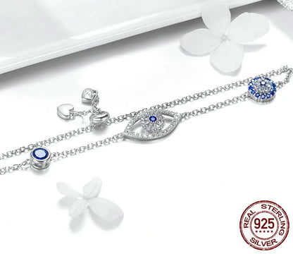 925 Sterling Silver Blue Zircon Evil Eyes Bracelet - TEA LU SHOP