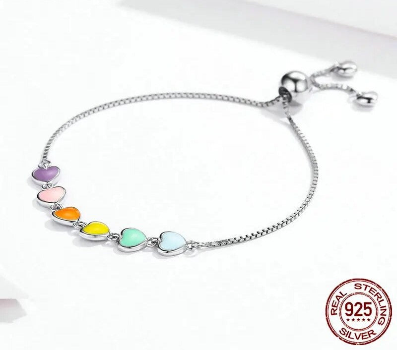 925 Sterling Silver Rainbow Color Heart Bracelet - TEA LU SHOP