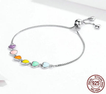 925 Sterling Silver Rainbow Color Heart Bracelet - TEA LU SHOP