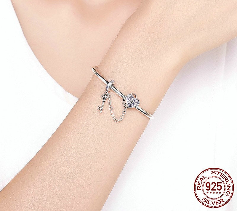 925 Sterling Silver Pink Heart Lock and Key Bracelet - TEA LU SHOP