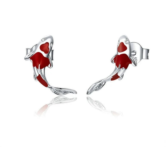 925 Sterling Silver Fish Red Enamel Stud Earrings - TEA LU SHOP
