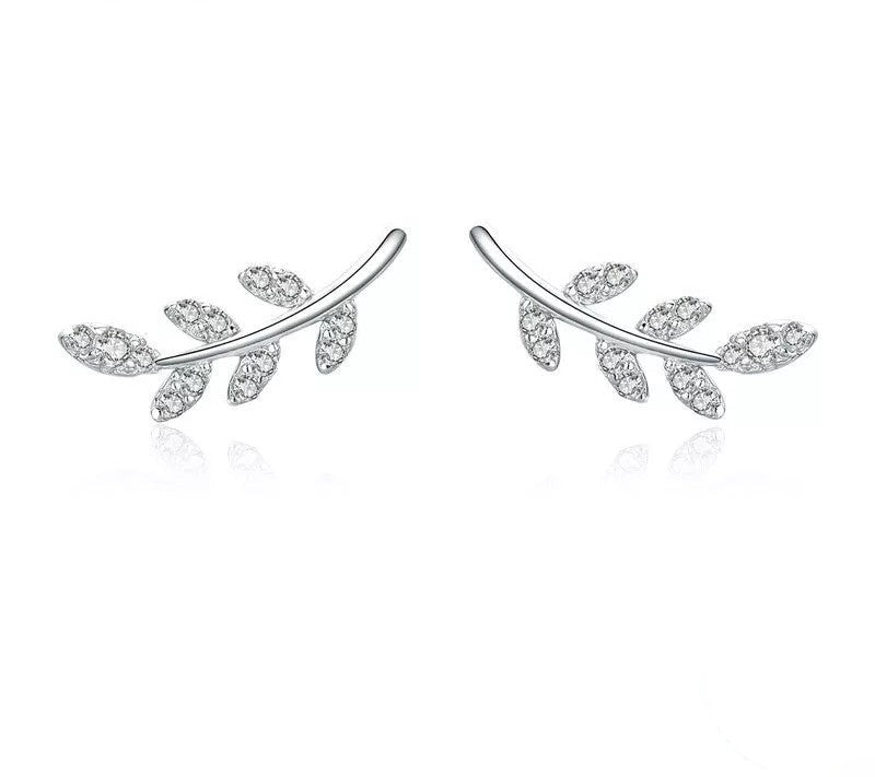 925 Sterling Silver Spring Leaves Clear CZ Zircon Stud Earrings - TEA LU SHOP