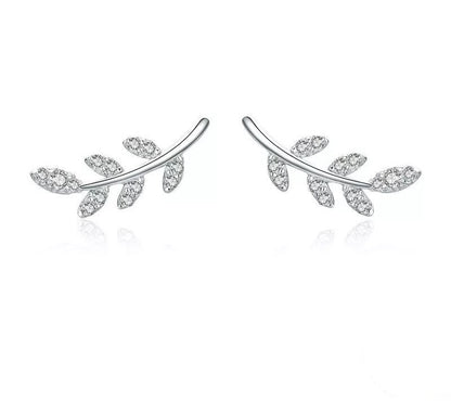 925 Sterling Silver Spring Leaves Clear CZ Zircon Stud Earrings - TEA LU SHOP