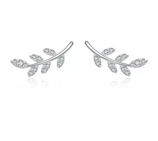 925 Sterling Silver Spring Leaves Clear CZ Zircon Stud Earrings - TEA LU SHOP