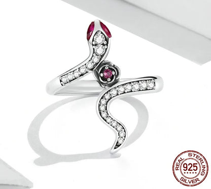925 Sterling Silver Snake & Rose Ring - TEA LU SHOP