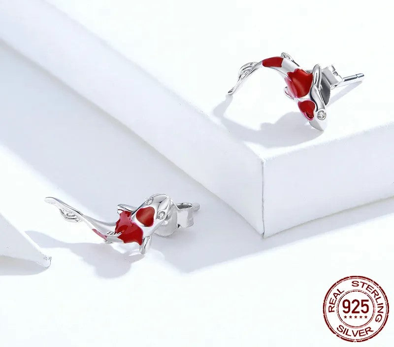 925 Sterling Silver Fish Red Enamel Stud Earrings - TEA LU SHOP