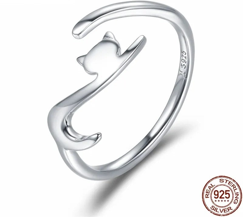 925 Sterling Silver Sticky Cat with Tail Ring - TEA LU SHOP