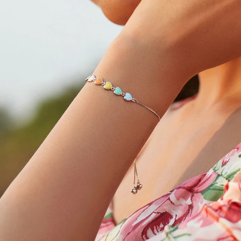 925 Sterling Silver Rainbow Color Heart Bracelet - TEA LU SHOP