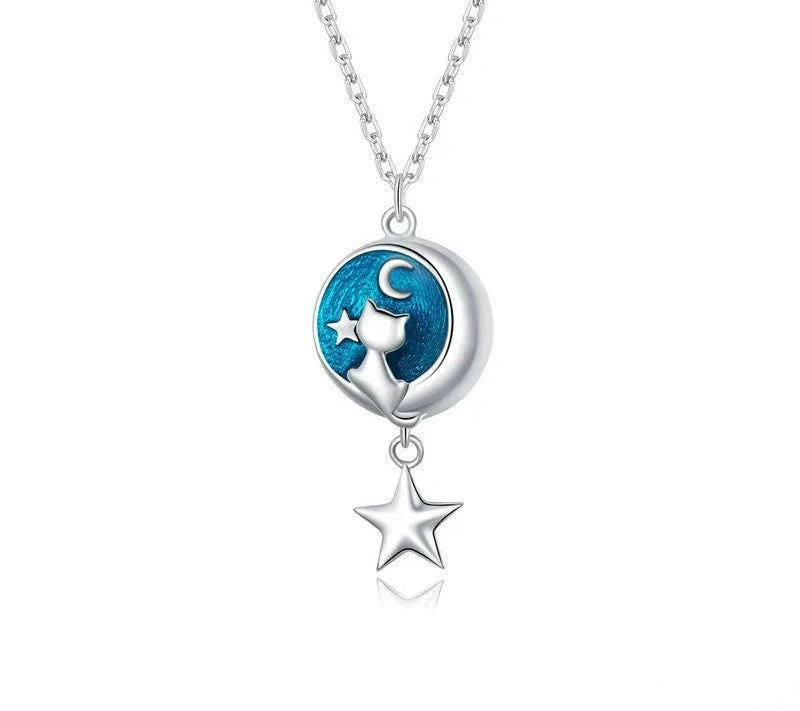 925 Sterling Silver Blue Enamel Moon & Cat Necklace - TEA LU SHOP