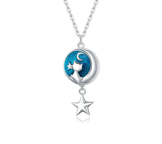 925 Sterling Silver Blue Enamel Moon & Cat Necklace - TEA LU SHOP