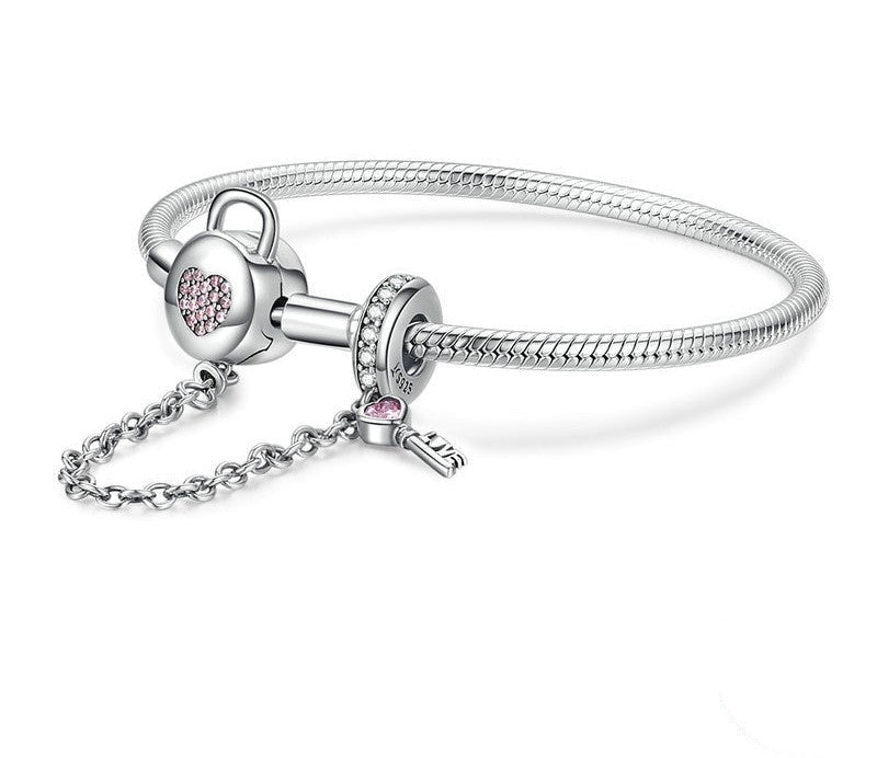 925 Sterling Silver Zircon Pink Heart Lock Bracelet - TEA LU SHOP