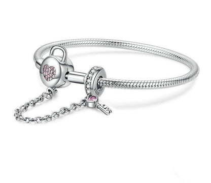 925 Sterling Silver Zircon Pink Heart Lock Bracelet - TEA LU SHOP