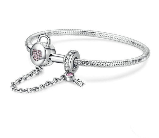 925 Sterling Silver Zircon Pink Heart Lock Bracelet - TEA LU SHOP