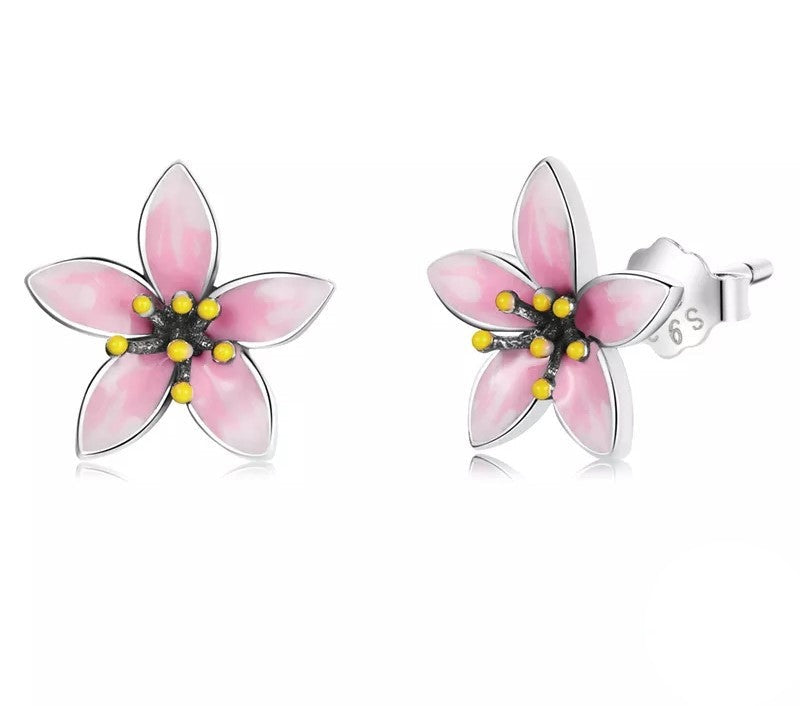 925 Sterling Silver Elegant Enamel Pink Cherry Blossom Stud Earrings - TEA LU SHOP