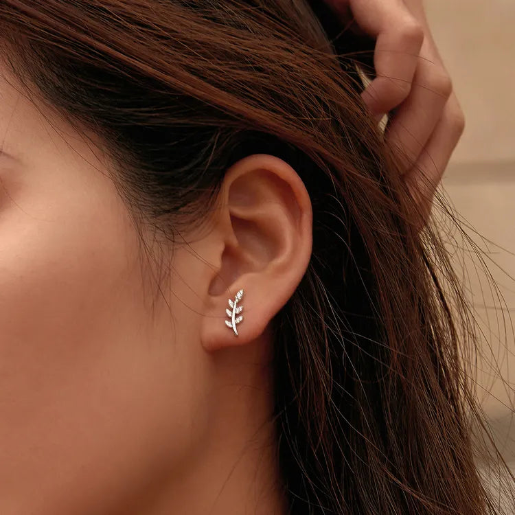 925 Sterling Silver Spring Leaves Clear CZ Zircon Stud Earrings - TEA LU SHOP